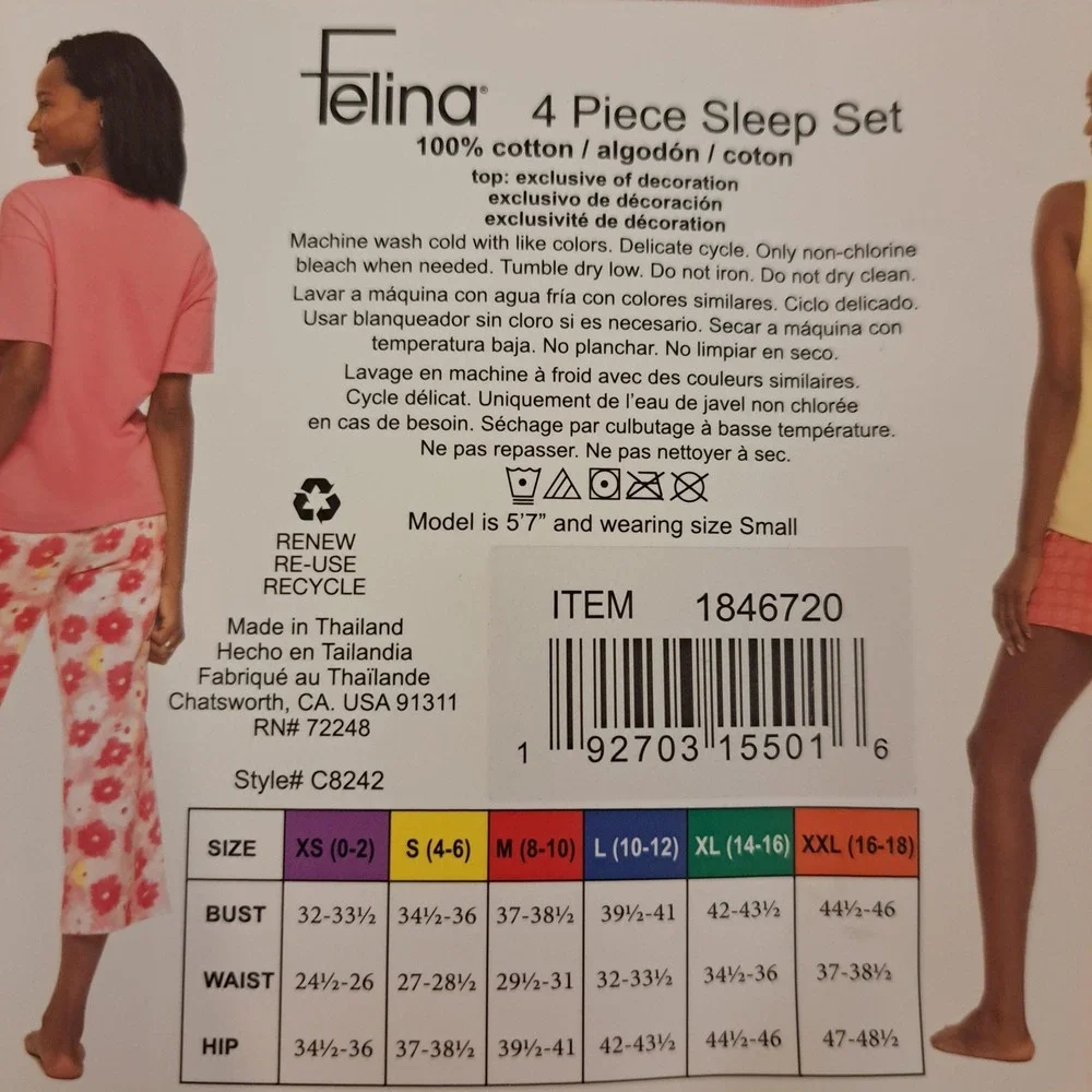 Felina Womens Sleep Set M Pink NWT 4pc Cotton Tee Cami Short 1728-280